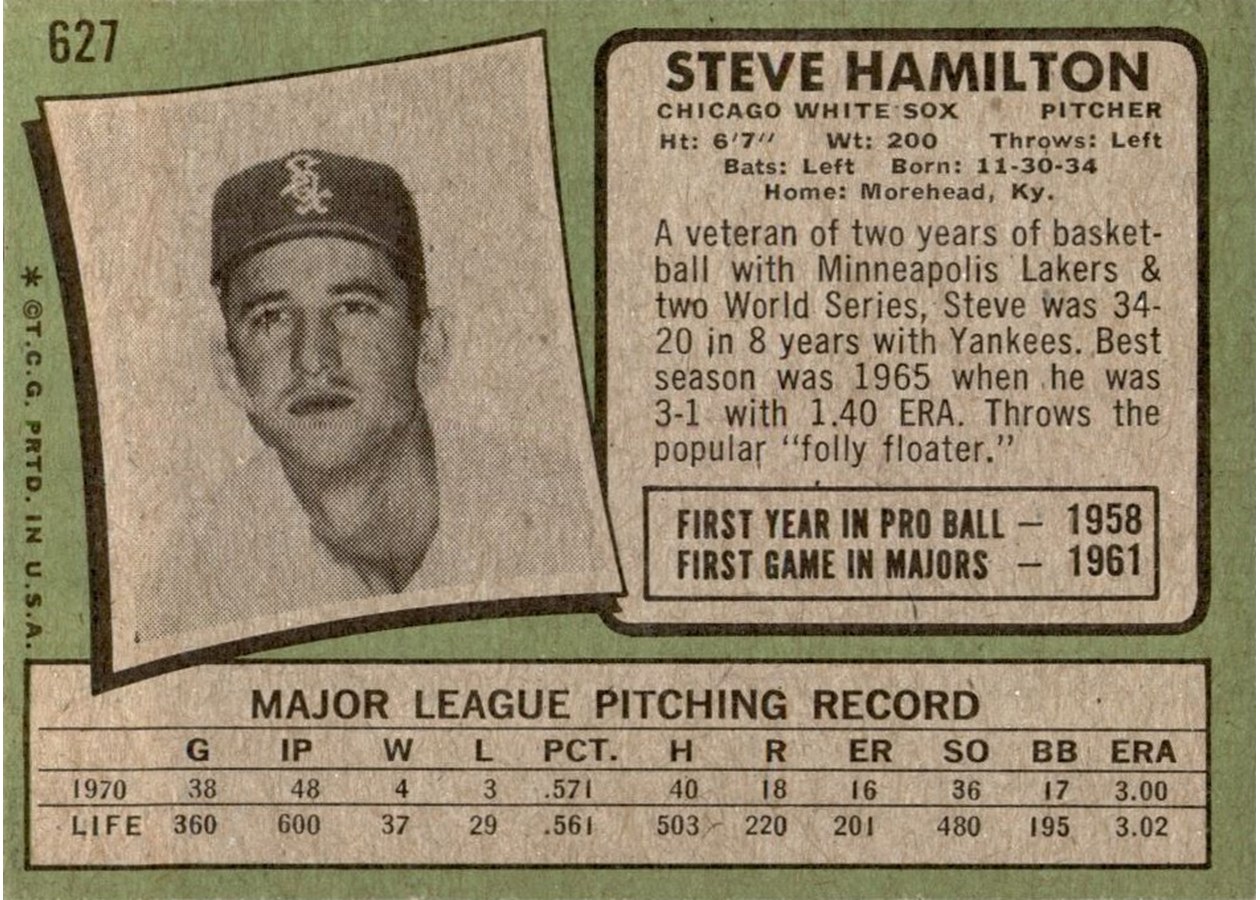 1971 Topps #627 Steve Hamilton card back