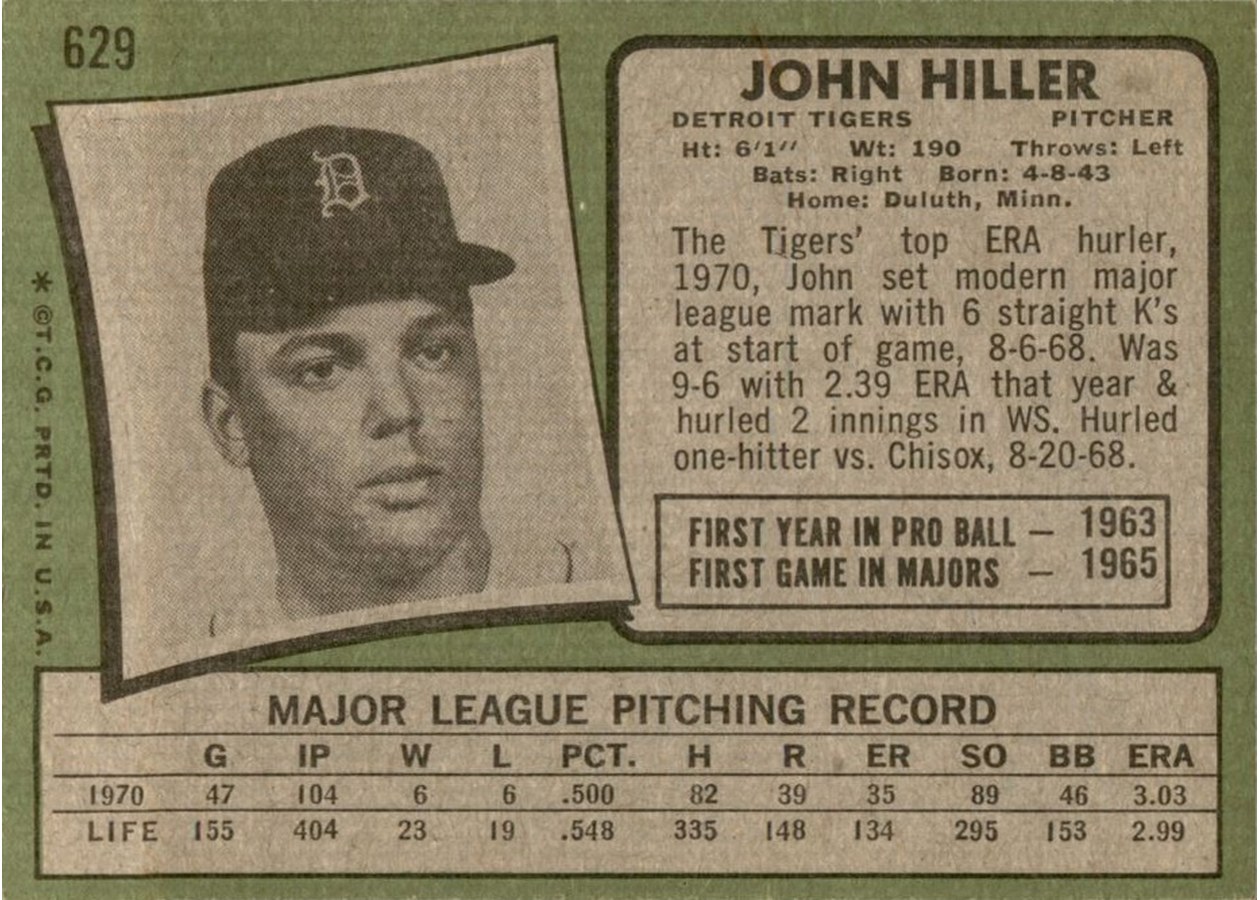 1971 Topps #629 John Hiller card back
