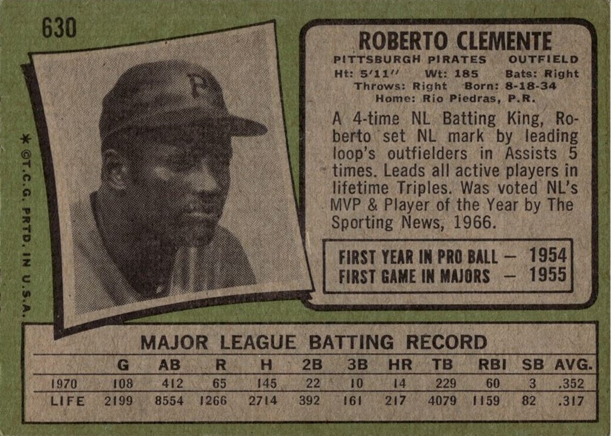 1971 Topps #630 Roberto Clemente card back