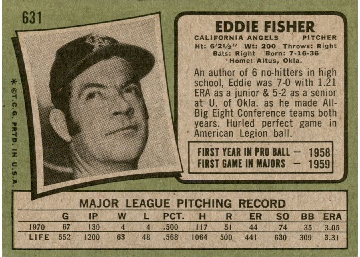 1971 Topps #631 Eddie Fisher card back