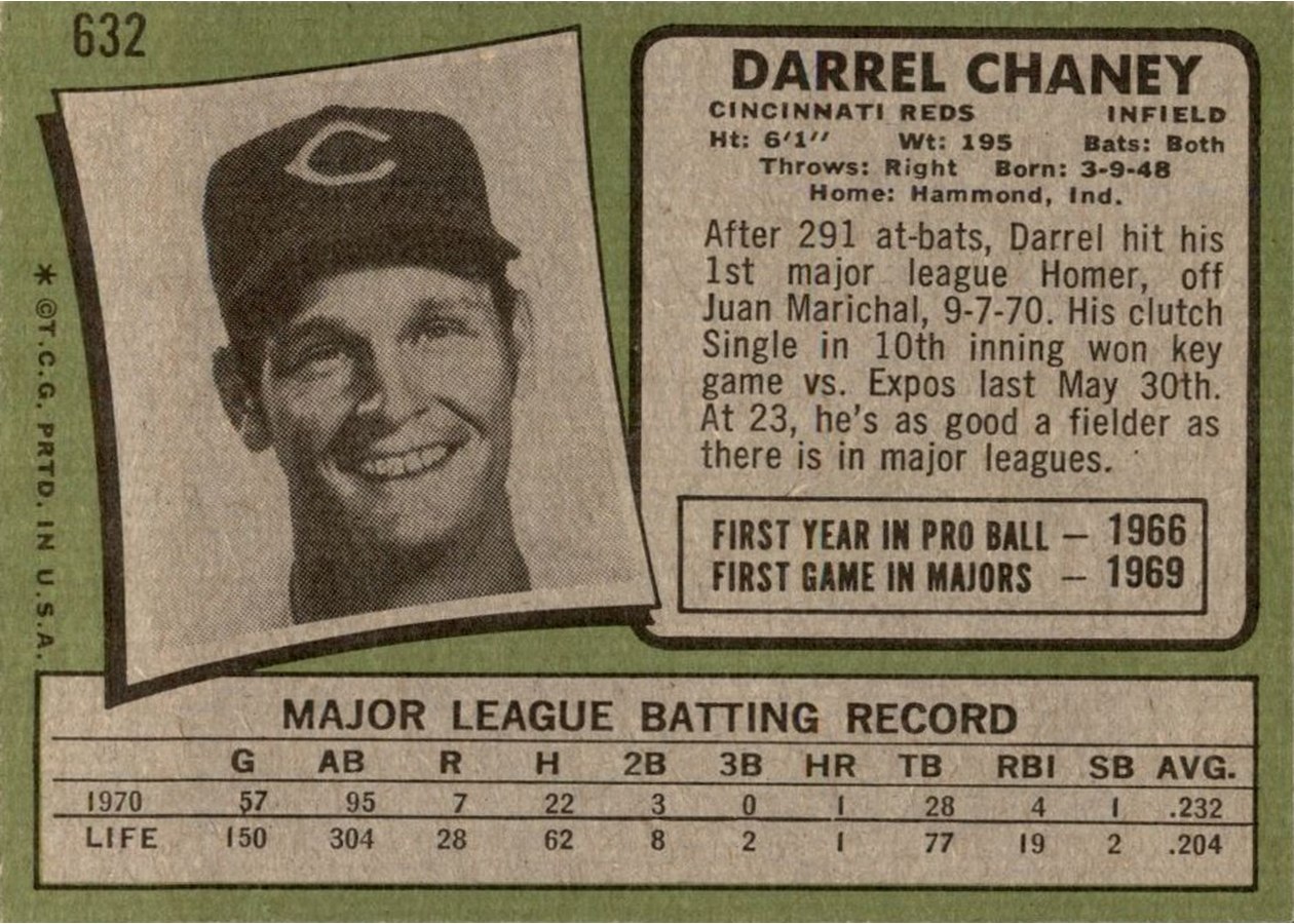 1971 Topps #632 Darrel Chaney card back