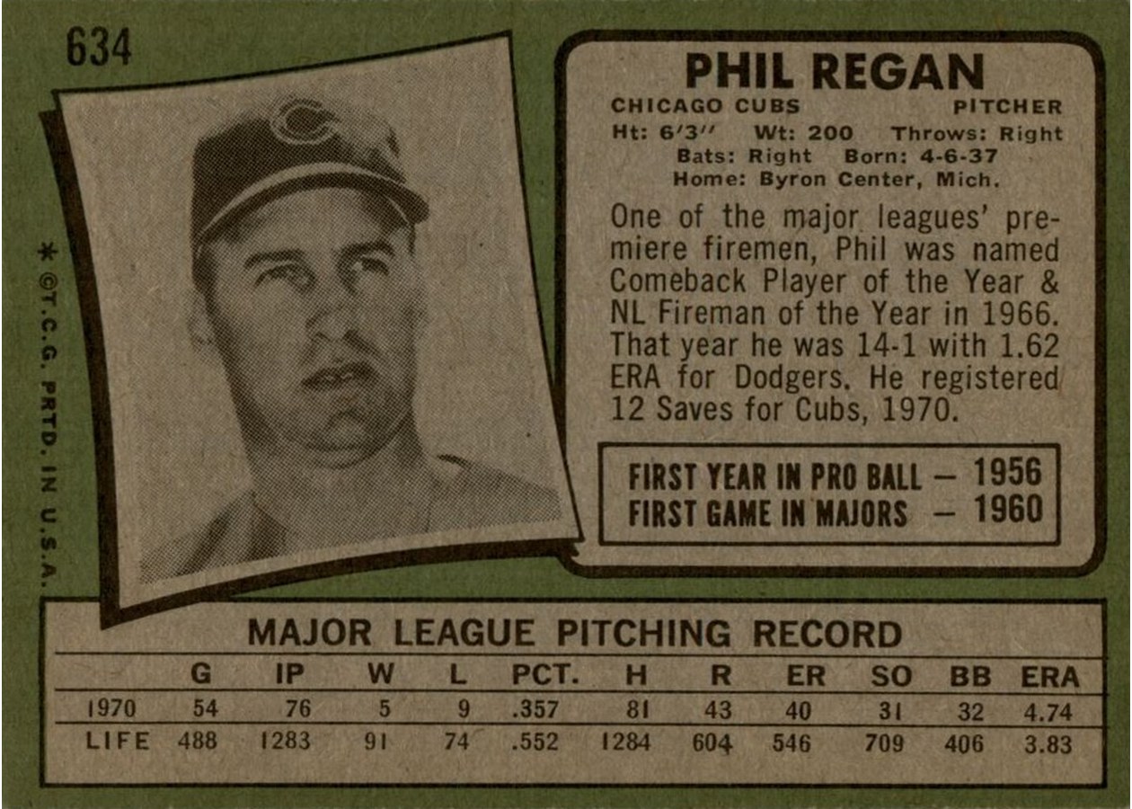 1971 Topps #634 Phil Regan card back