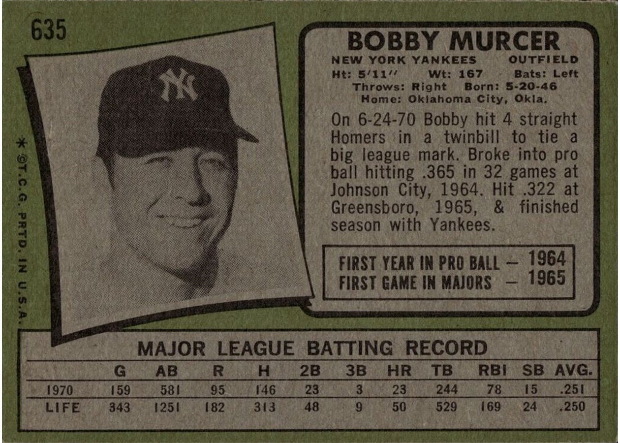 1971 Topps #635 Bobby Murcer card back