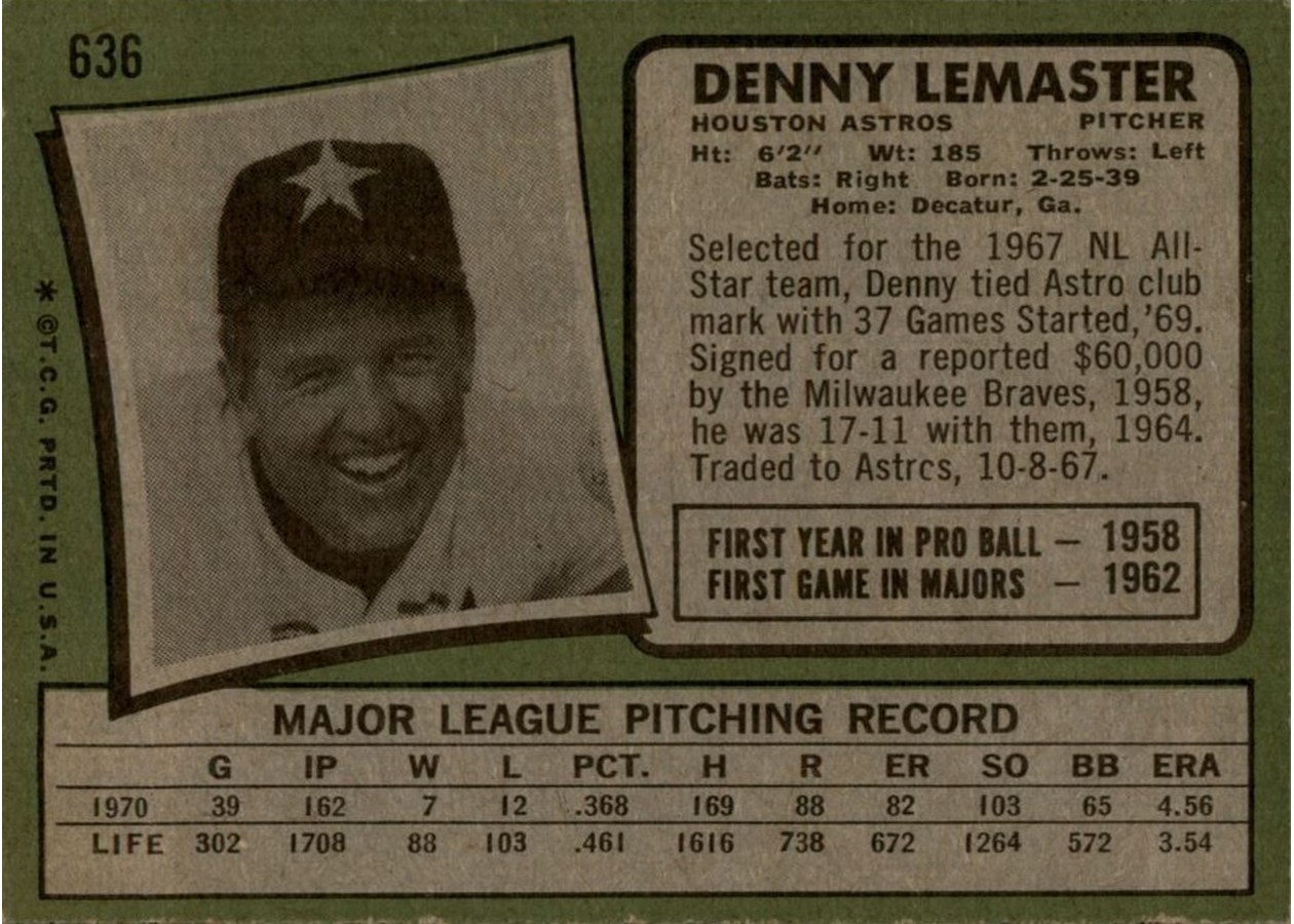 1971 Topps #636 Denny Lemaster card back