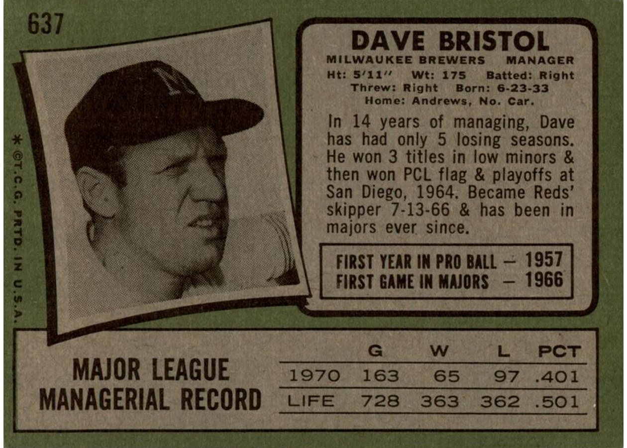 1971 Topps #637 Dave Bristol card back