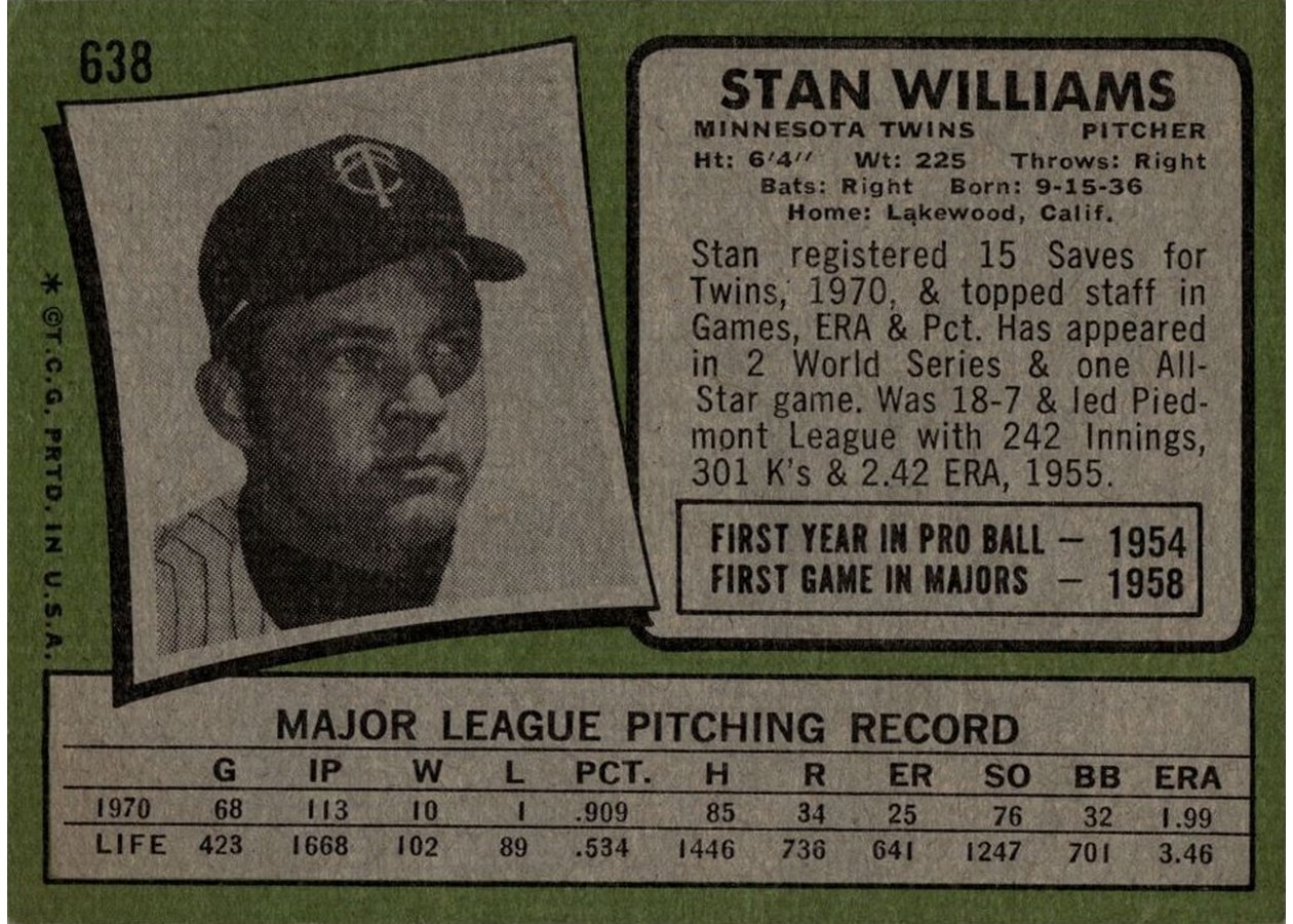 1971 Topps #638 Stan Williams card back