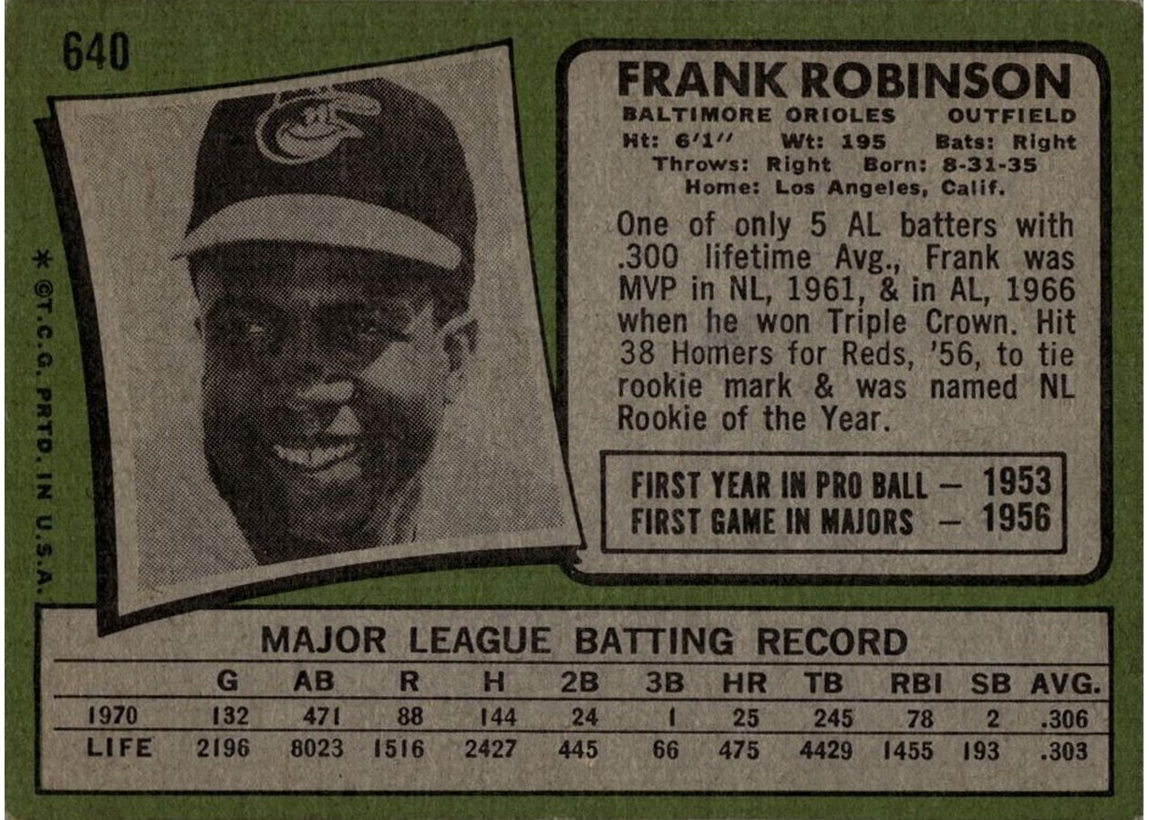 1971 Topps #640 Frank Robinson card back