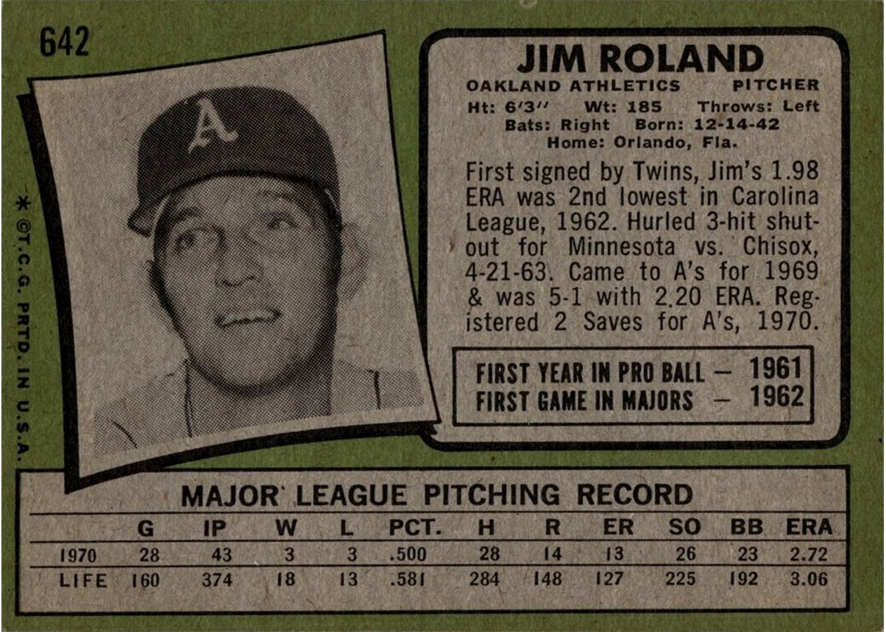 1971 Topps #642 Jim Roland card back