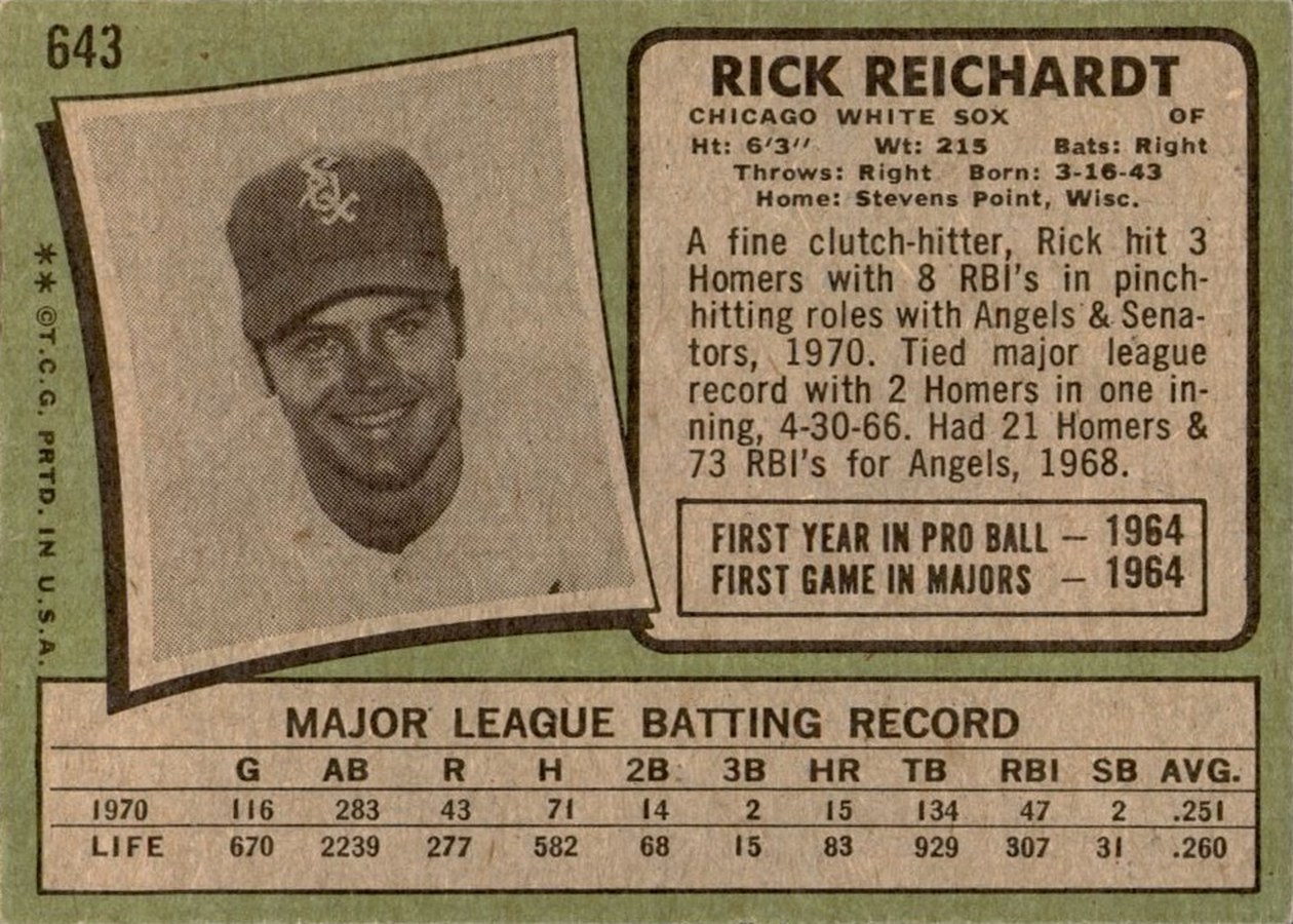 1971 Topps #643 Rick Reichardt card back