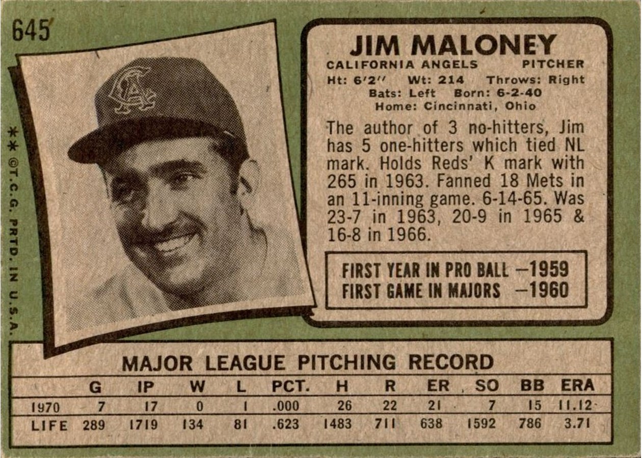 1971 Topps #645 Jim Maloney card back