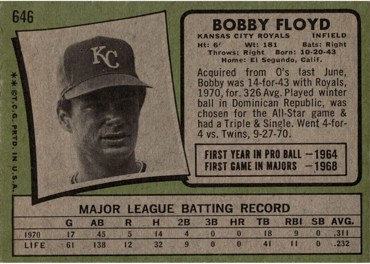 1971 Topps #646 Bobby Floyd card back