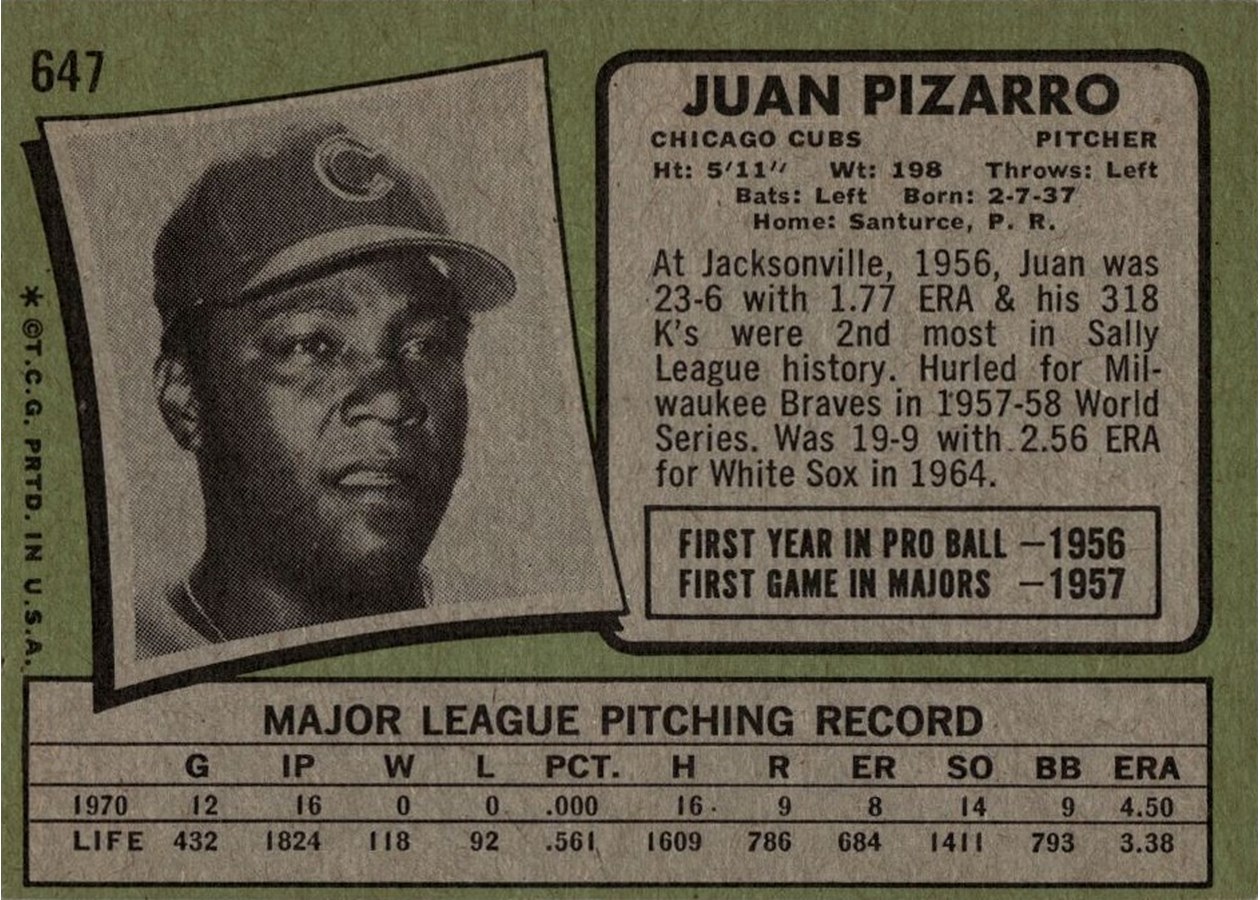 1971 Topps #647 Juan Pizarro card back