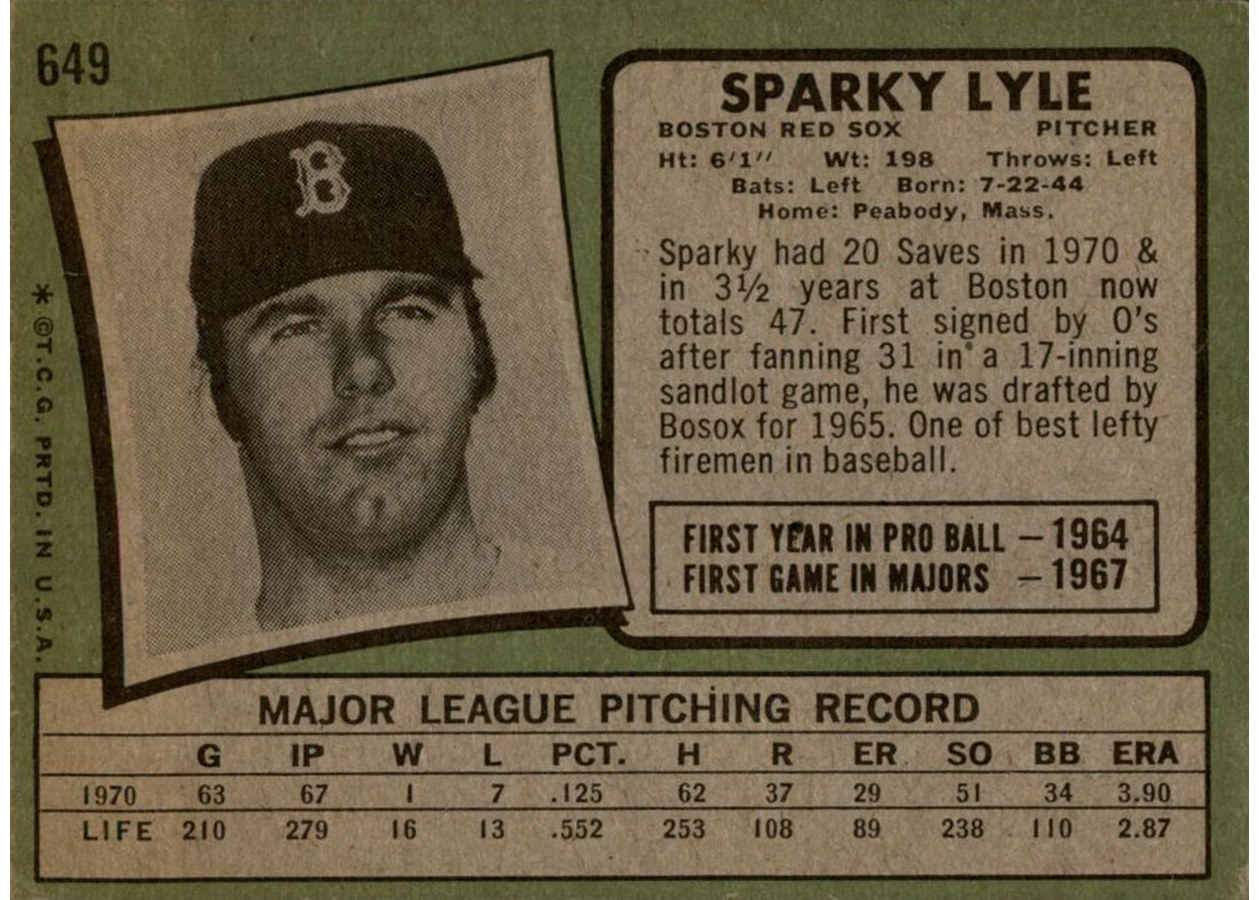 1971 Topps #649 Sparky Lyle card back