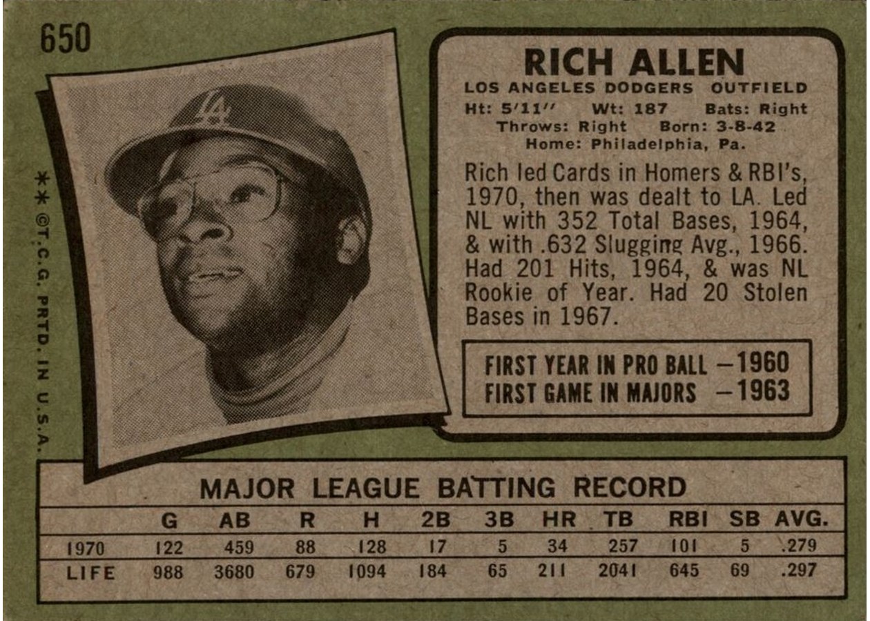 1971 Topps #650 Rich Allen card back