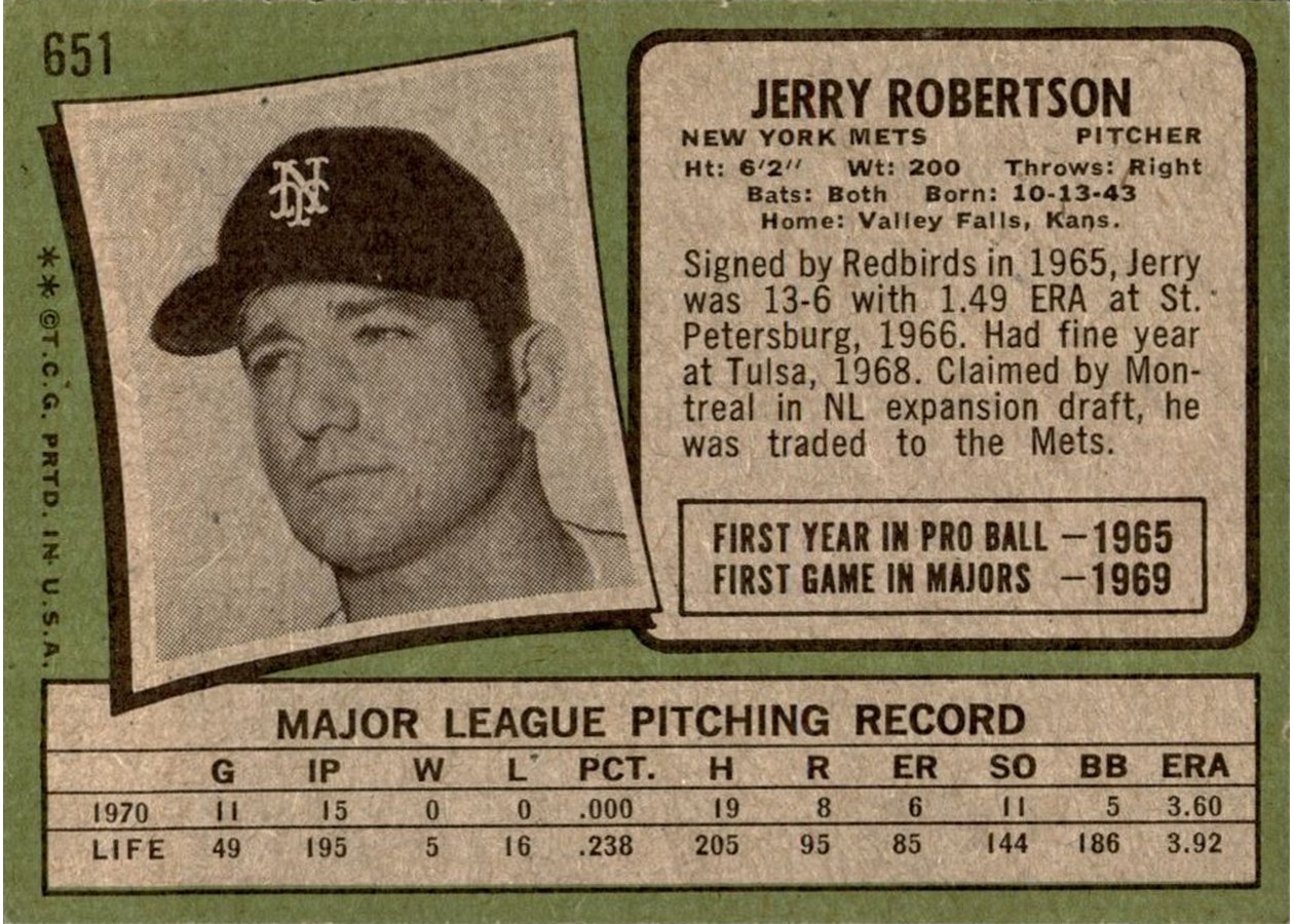 1971 Topps #651 Jerry Robertson card back
