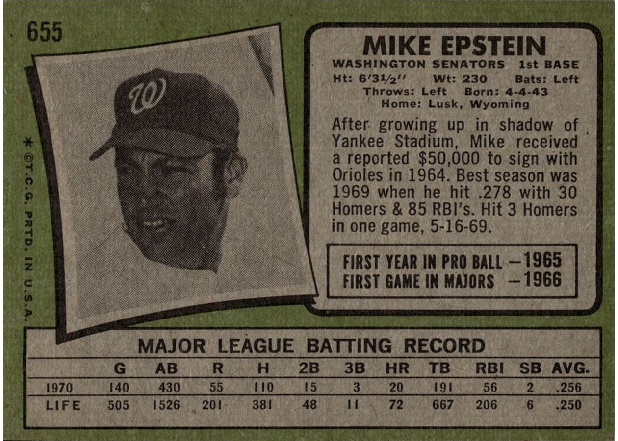 1971 Topps #655 Mike Epstein card back