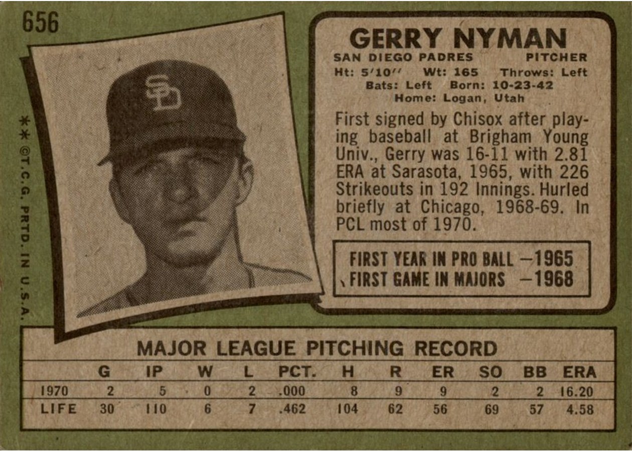 1971 Topps #656 Gerry Nyman card back