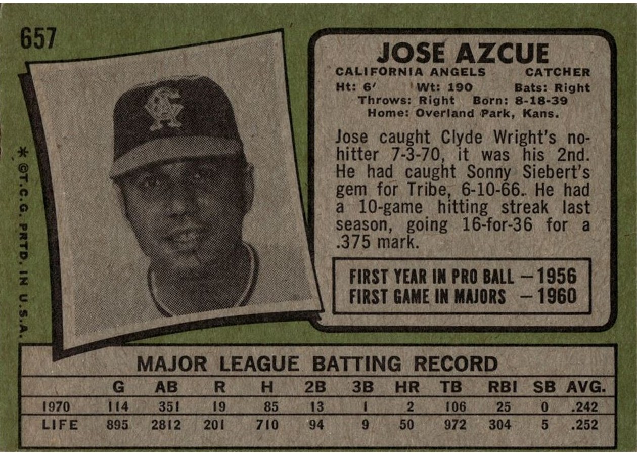 1971 Topps #657 Jose Azcue card back