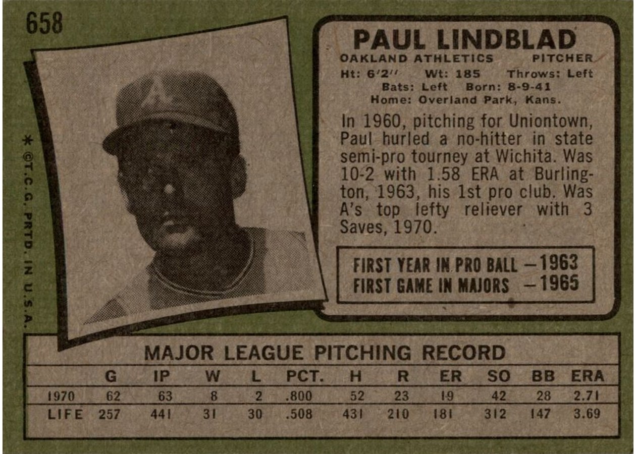 1971 Topps #658 Paul Lindblad card back