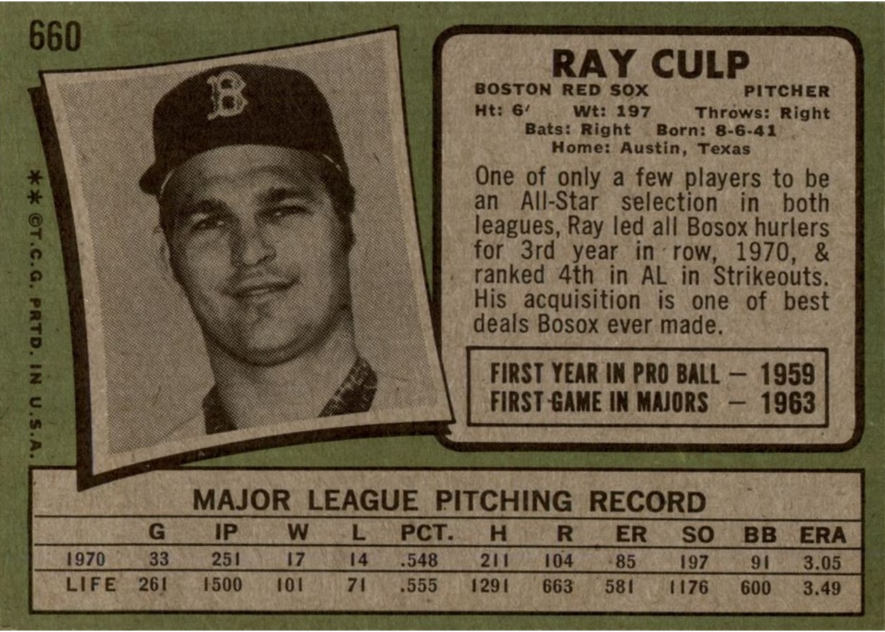 1971 Topps #660 Ray Culp card back