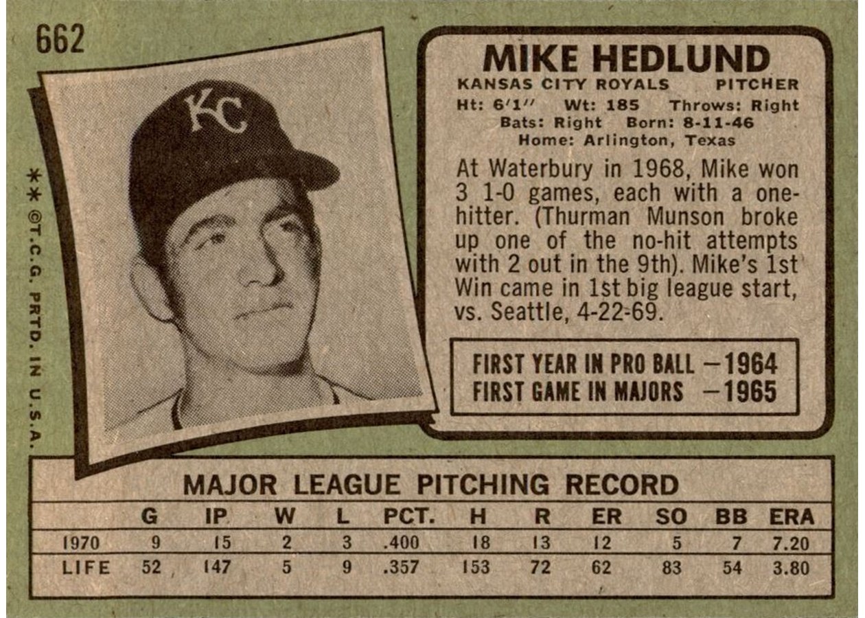 1971 Topps #662 Mike Hedlund card back
