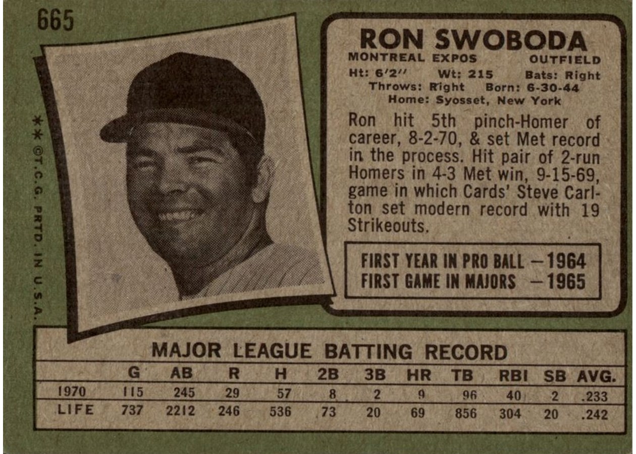 1971 Topps #665 Ron Swoboda card back