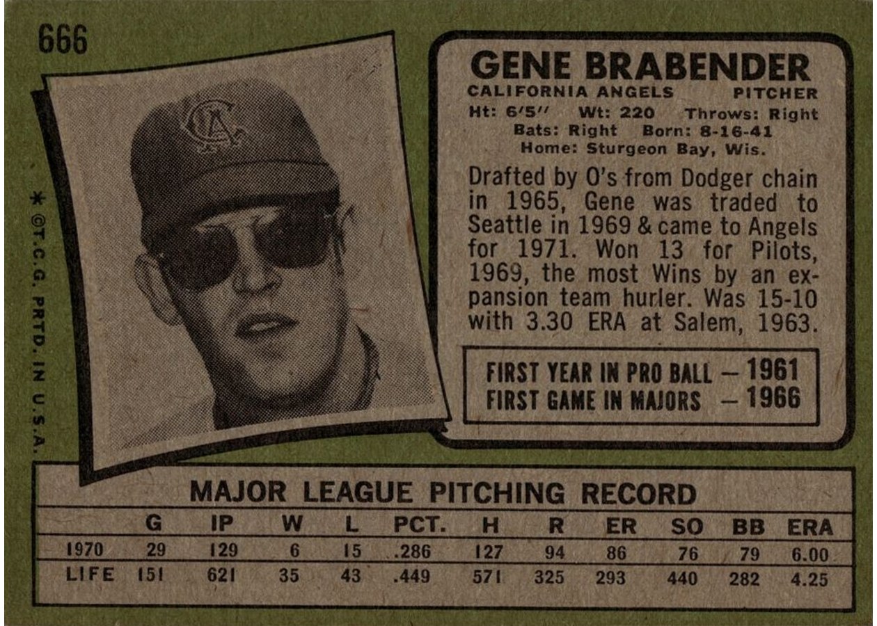 1971 Topps #666 Gene Brabender card back