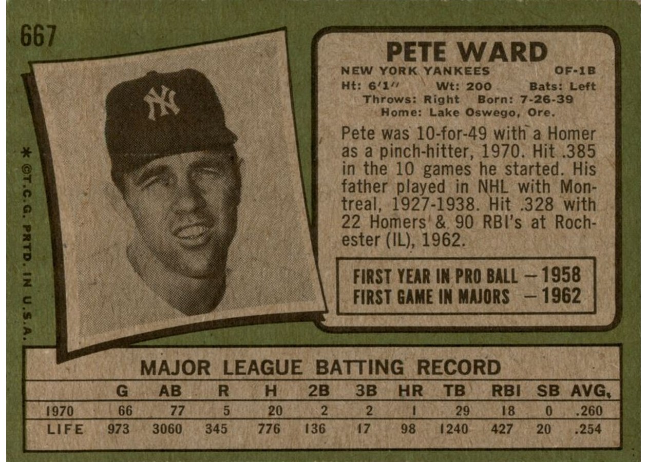 1971 Topps #667 Pete Ward card back