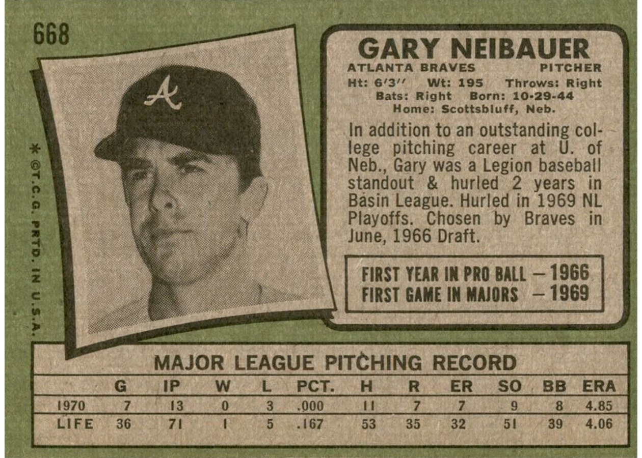 1971 Topps #668 Gary Neibauer card back