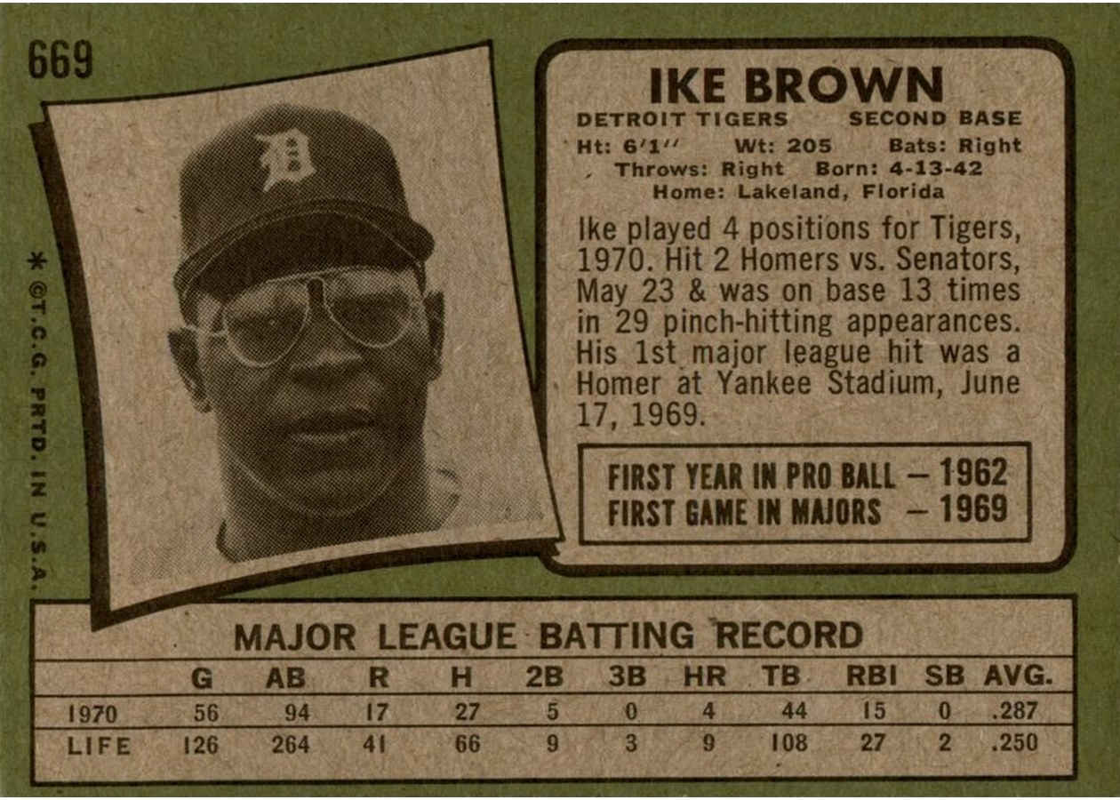 1971 Topps #669 Ike Brown card back