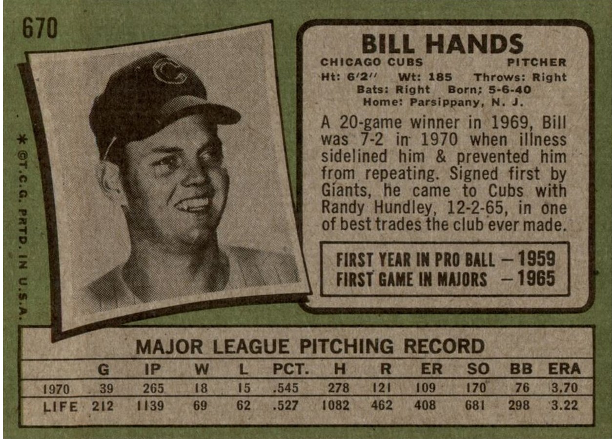 1971 Topps #670 Bill Hands card back