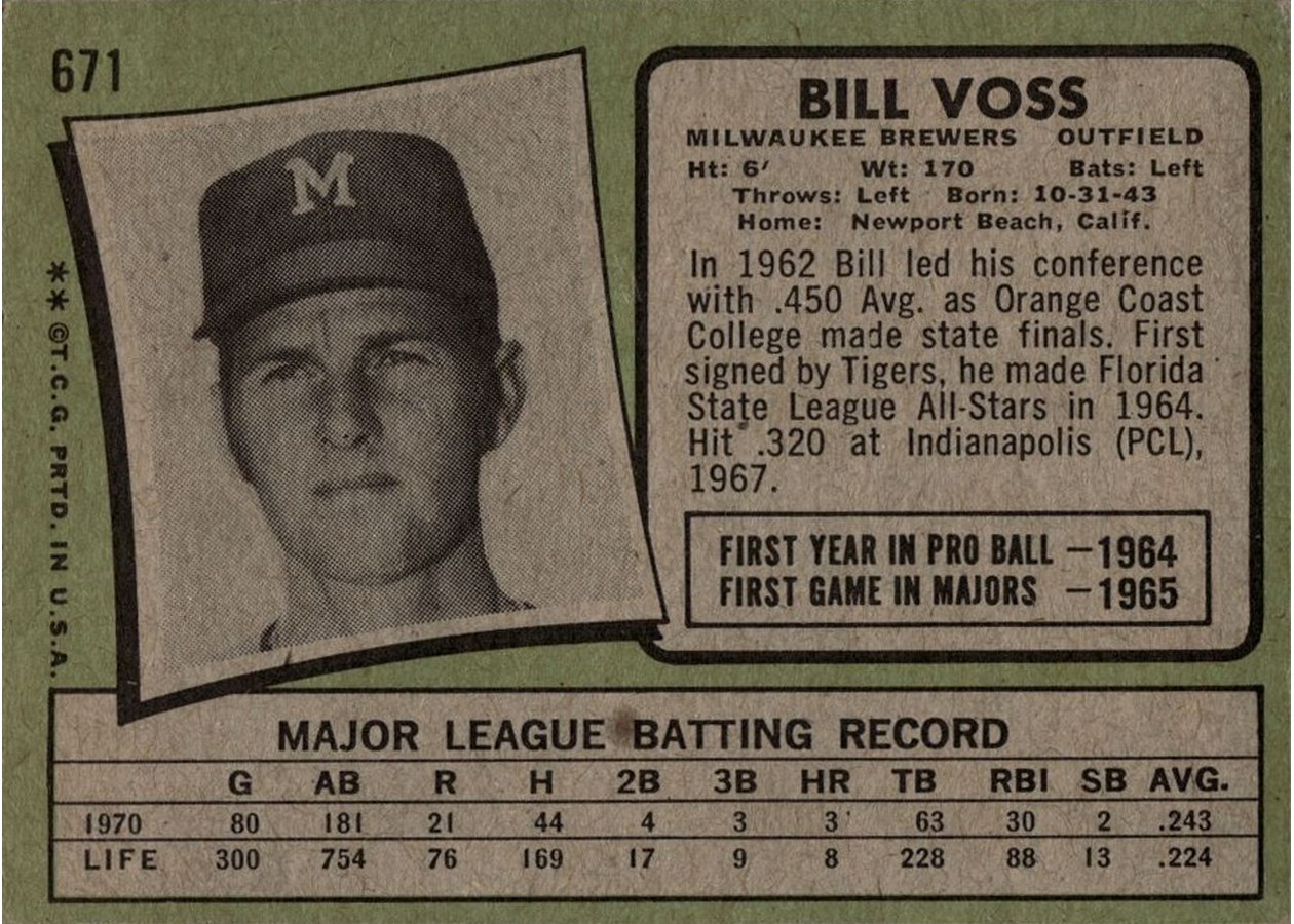1971 Topps #671 Bill Voss card back