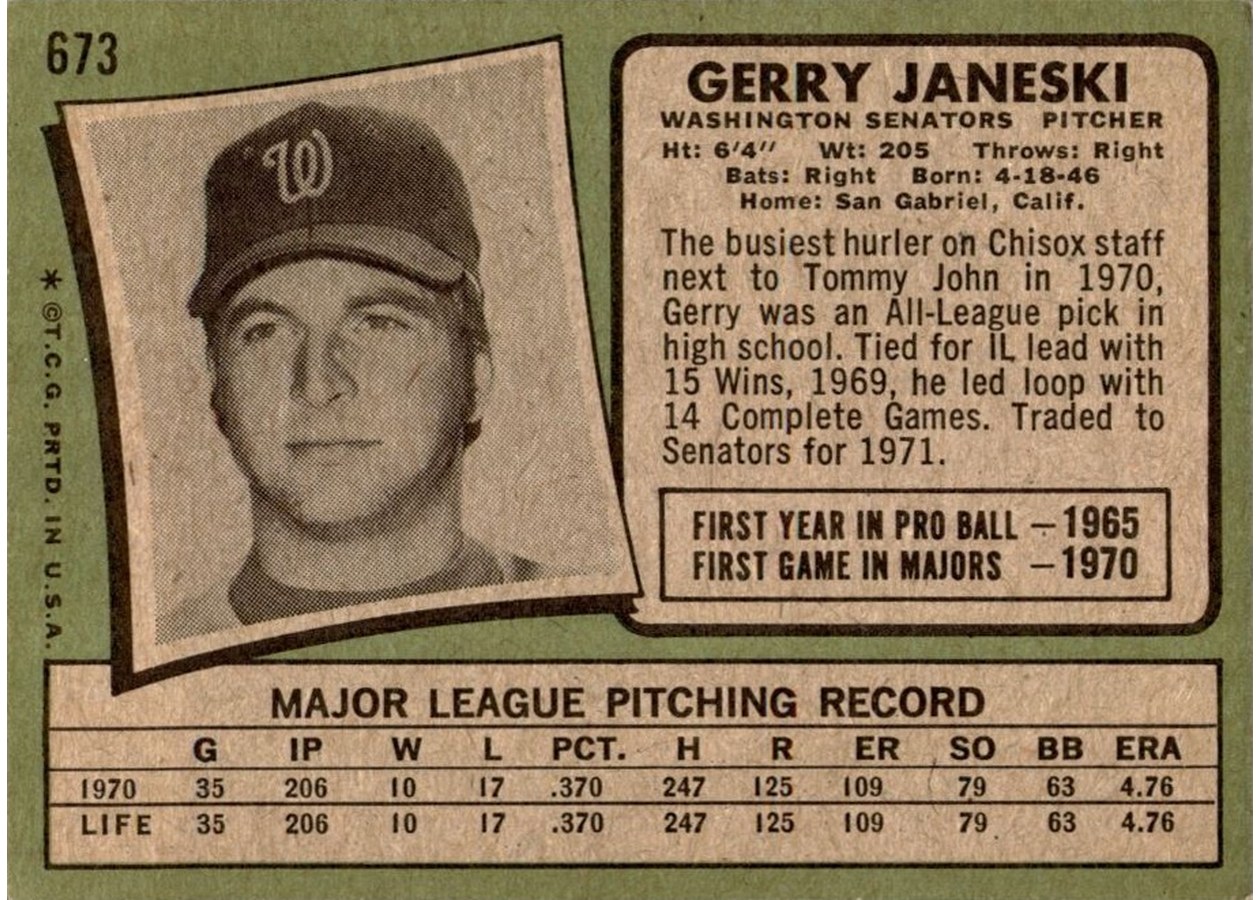 1971 Topps #673 Gerry Janeski card back