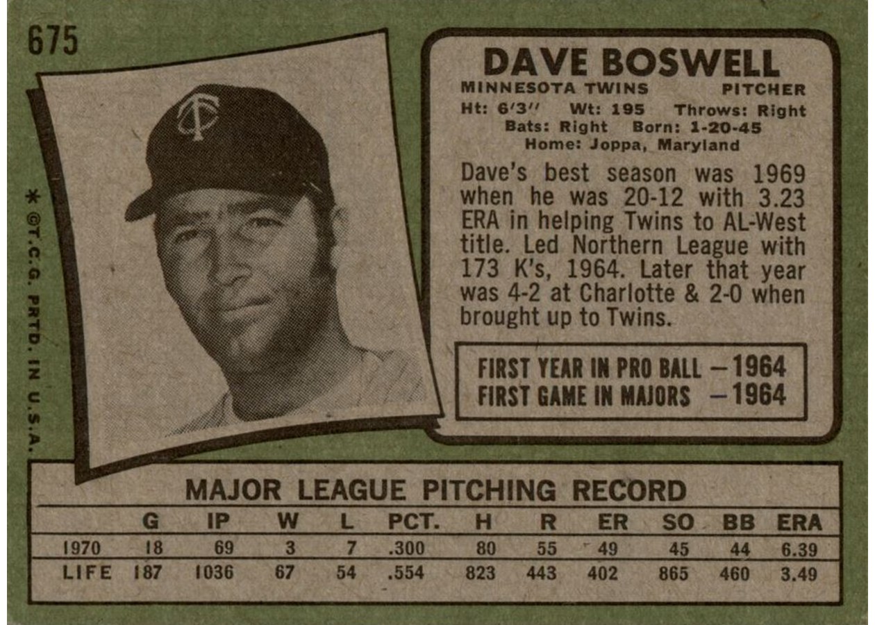 1971 Topps #675 Dave Boswell card back