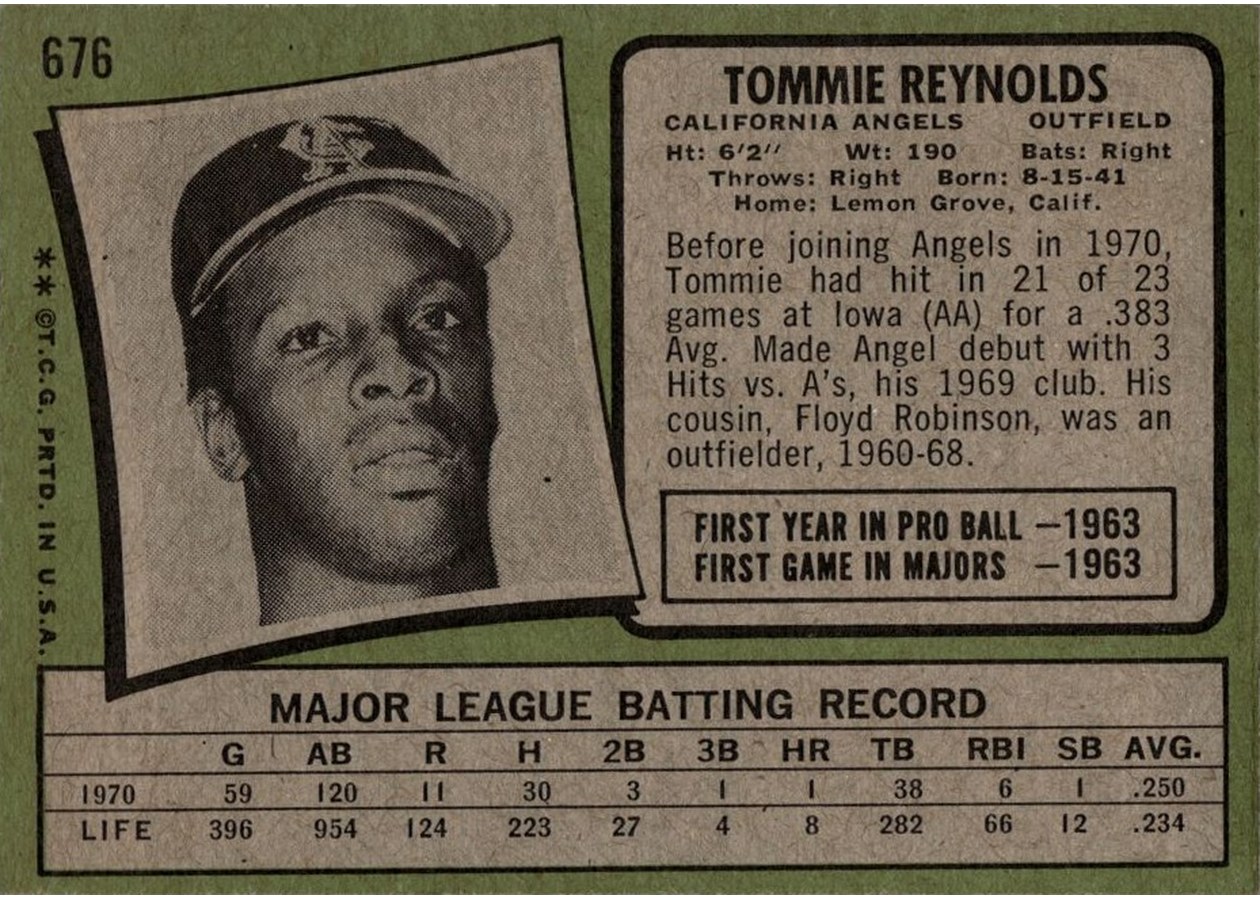 1971 Topps #676 Tommie Reynolds card back