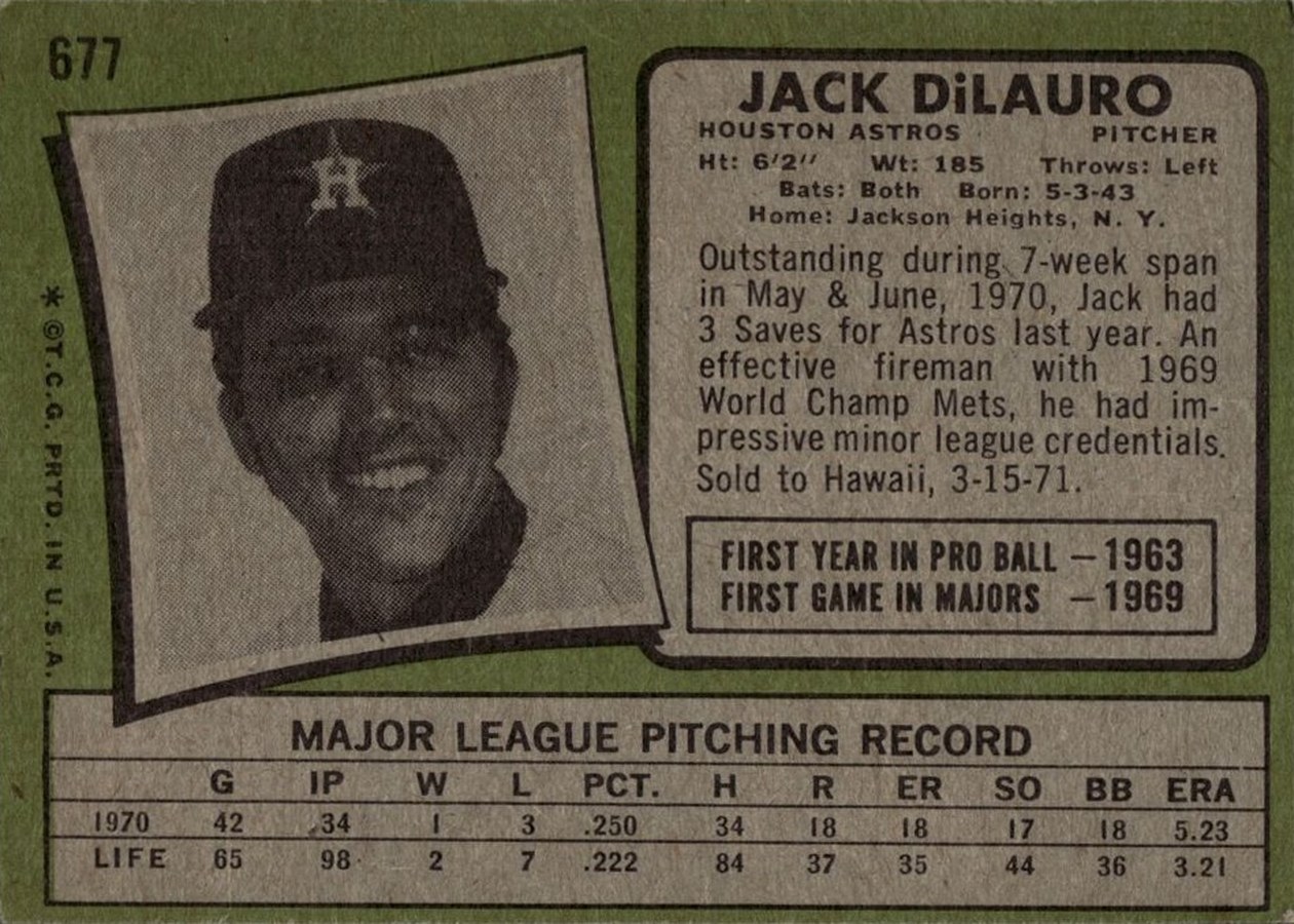 1971 Topps #677 Jack DiLauro card back