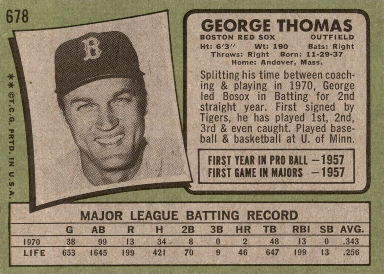 1971 Topps #678 George Thomas card back