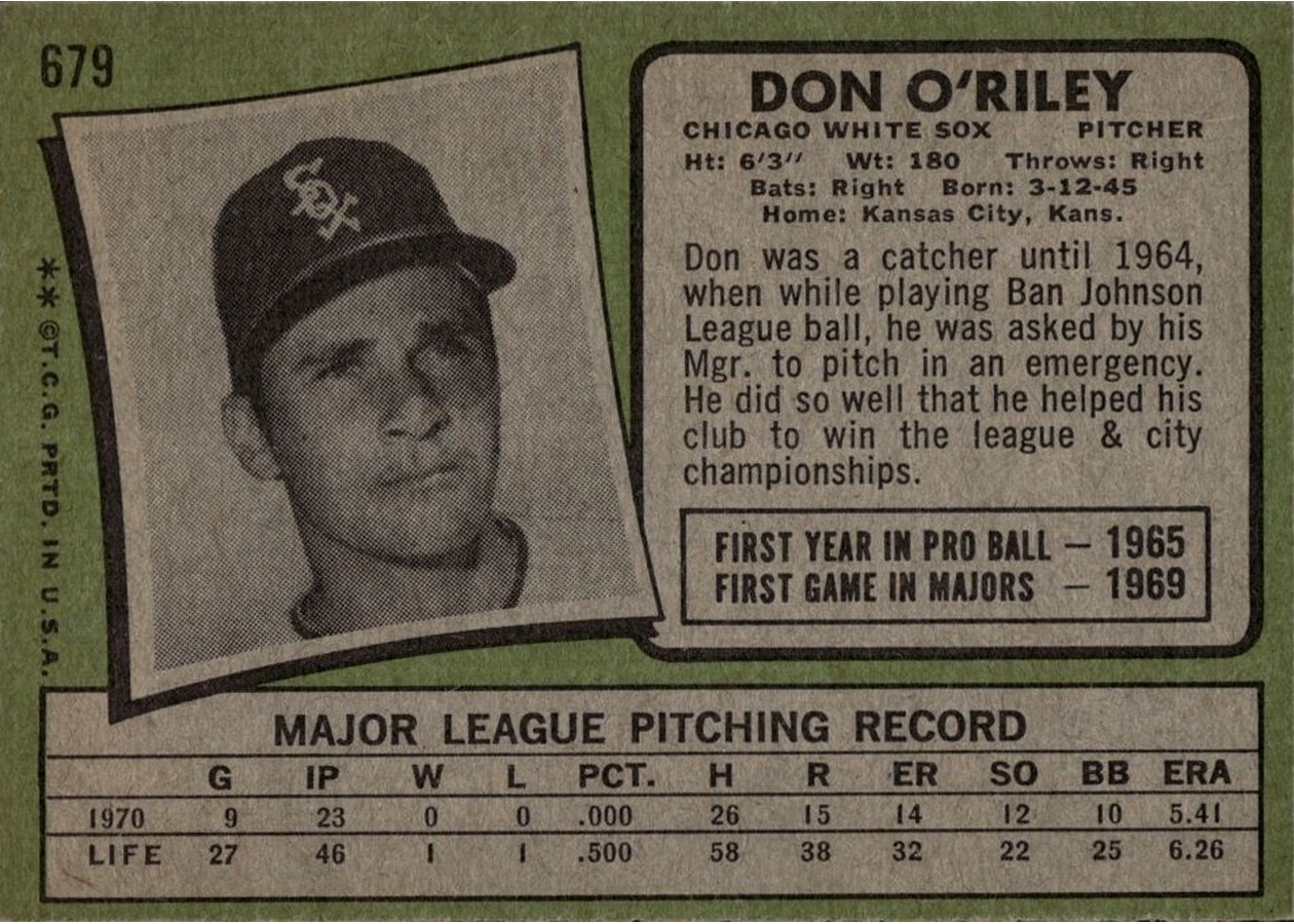 1971 Topps #679 Don O'Riley card back