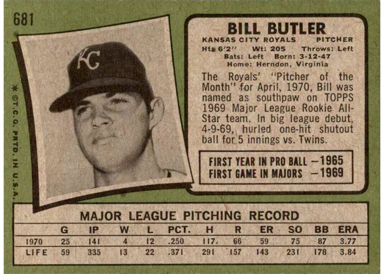 1971 Topps #681 Bill Butler card back
