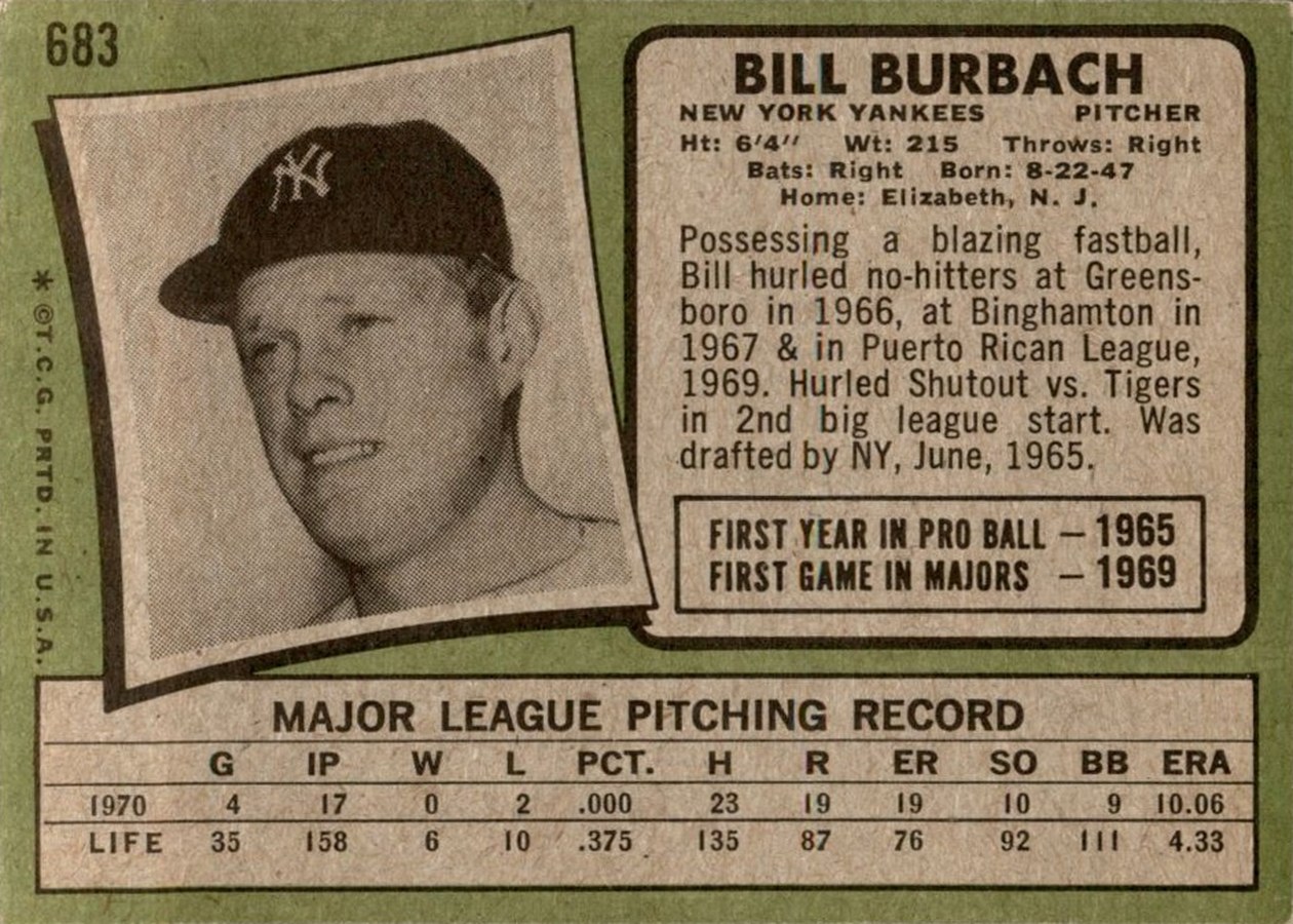 1971 Topps #683 Bill Burbach card back