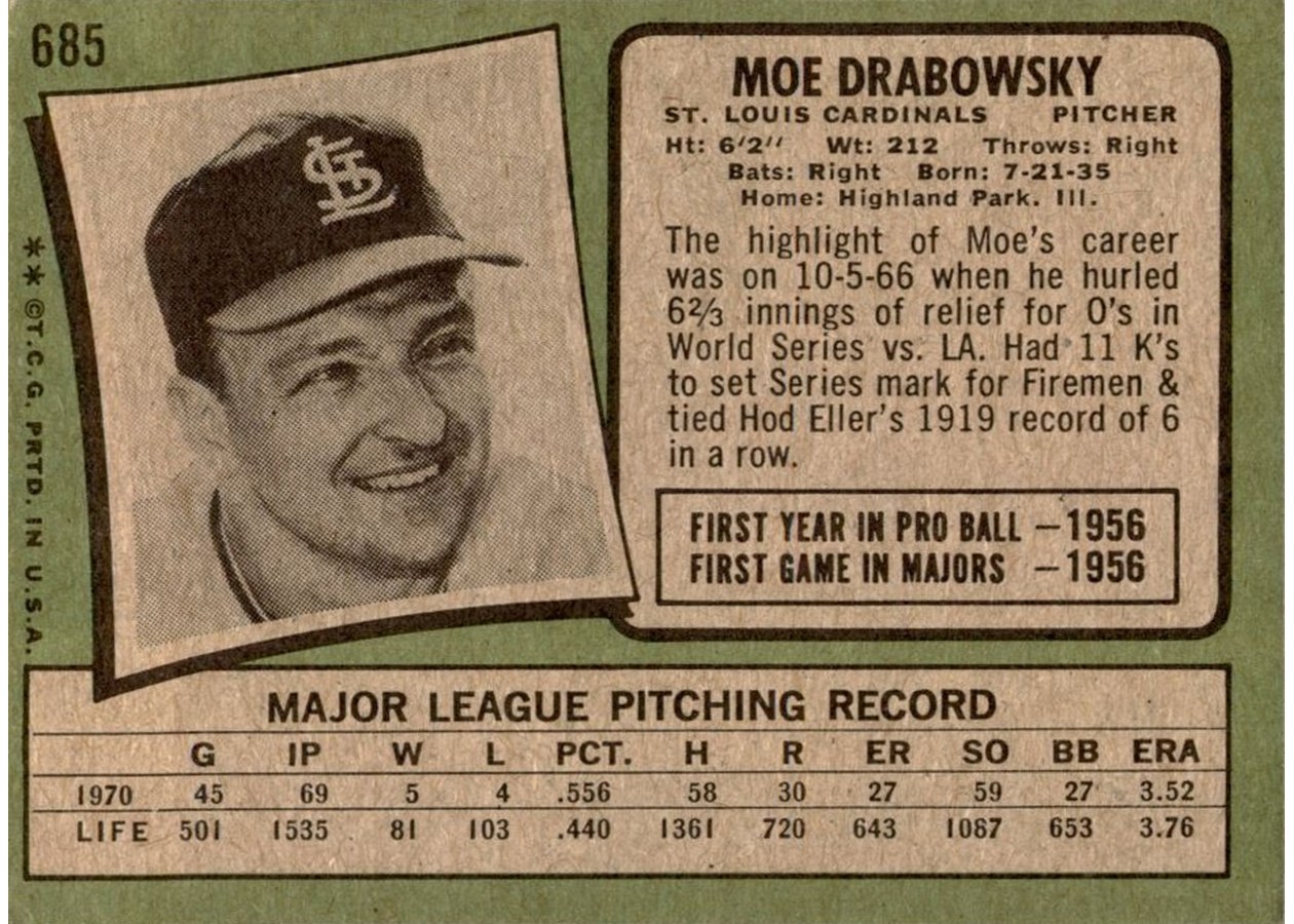 1971 Topps #685 Moe Drabowsky card back