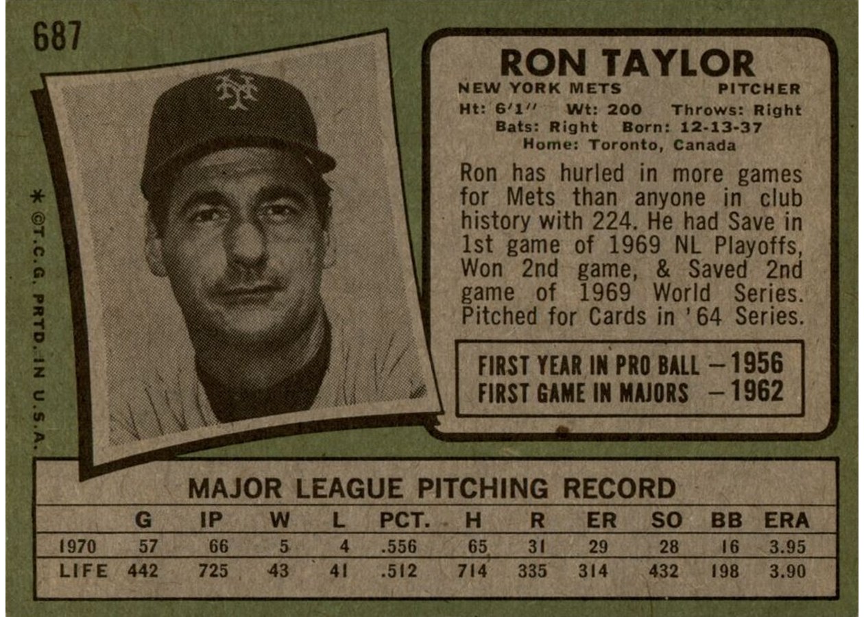 1971 Topps #687 Ron Taylor card back