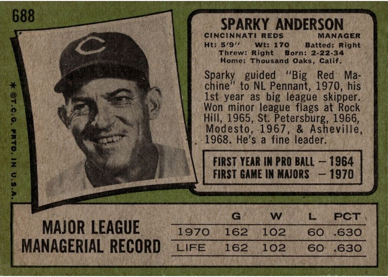 1971 Topps #688 Sparky Anderson card back