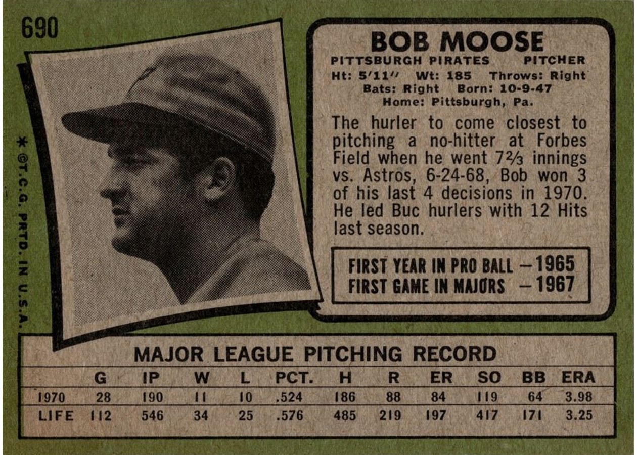 1971 Topps #690 Bob Moose card back