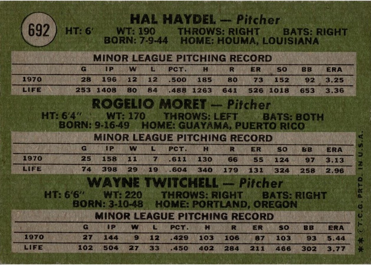 1971 Topps #692 A.L. Pitchers 1971 Rookie Stars card back