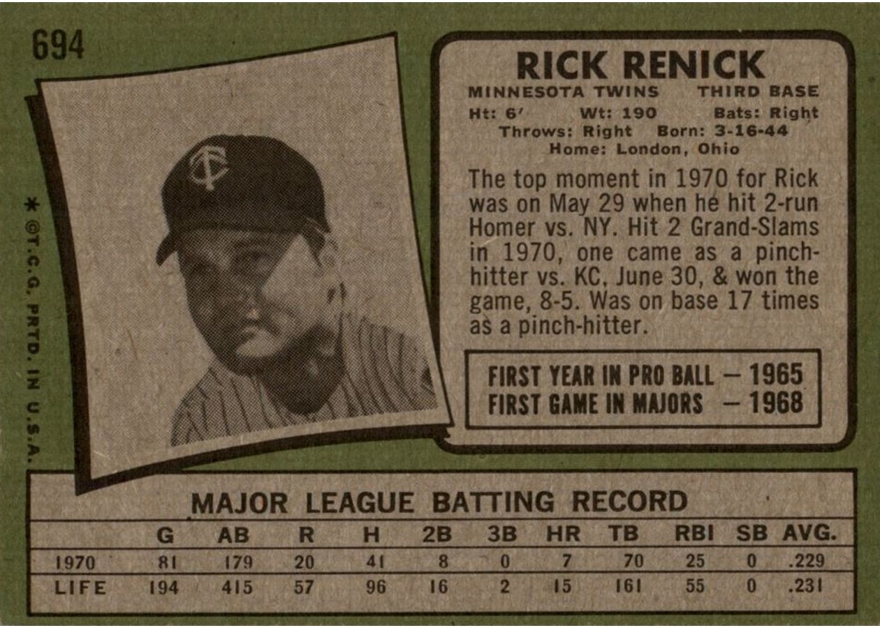1971 Topps #694 Rick Renick card back