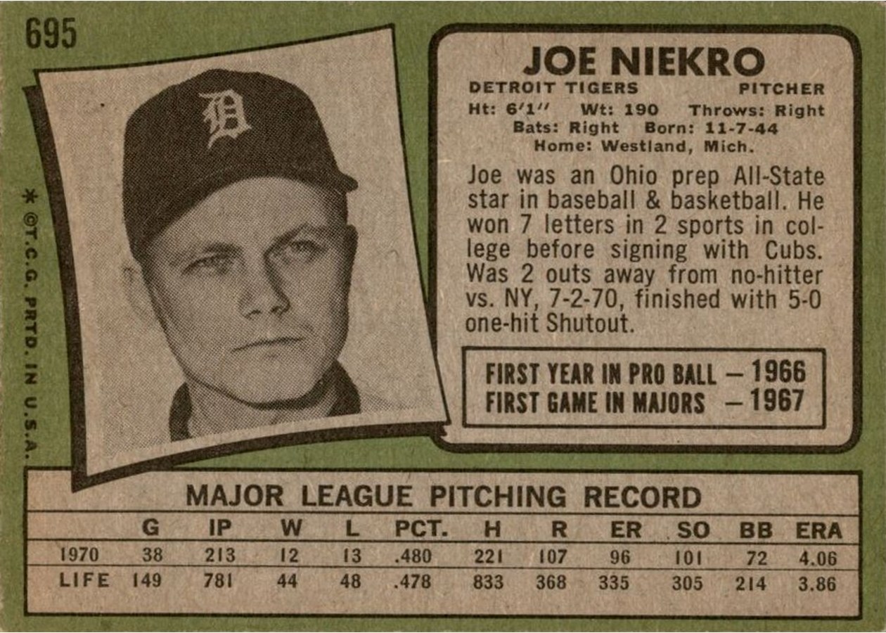 1971 Topps #695 Joe Niekro card back