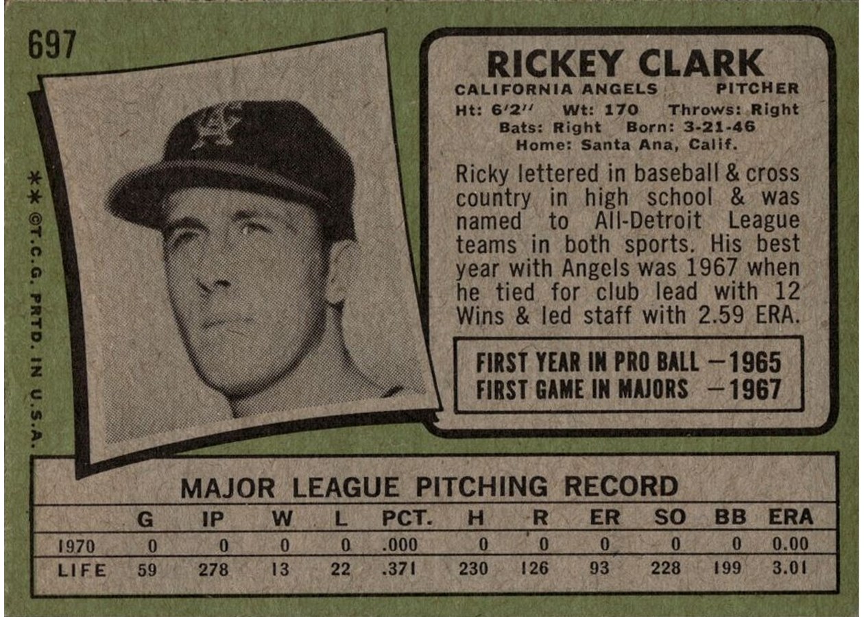 1971 Topps #697 Rickey Clark card back