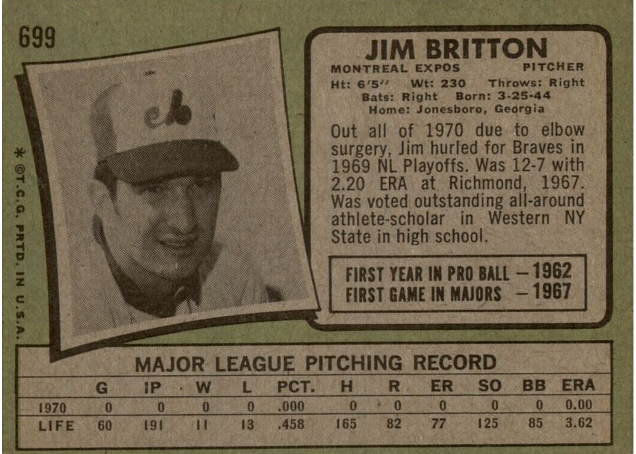 1971 Topps #699 Jim Britton card back