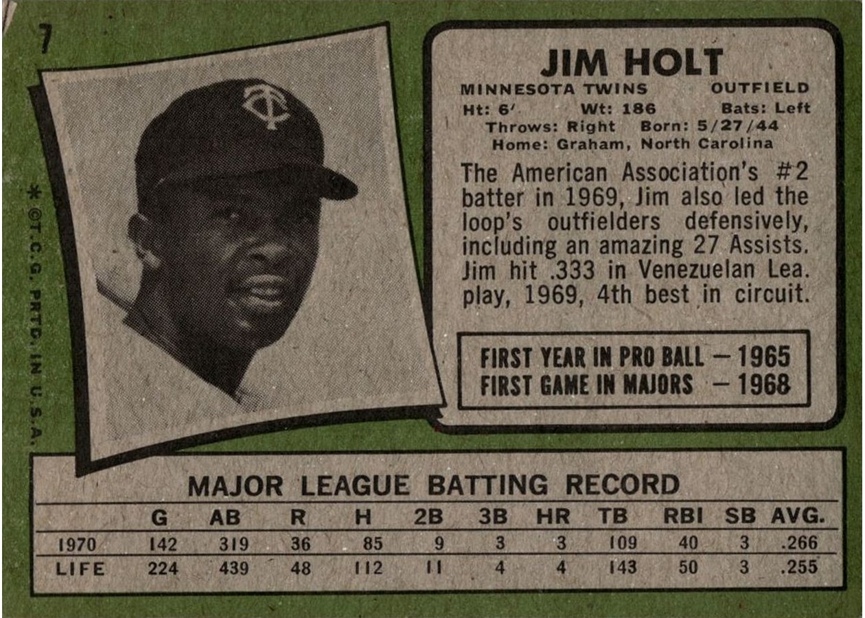 1971 Topps #7 Jim Holt card back